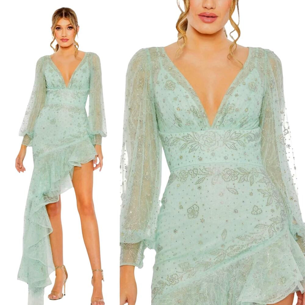 Mac Duggal 50744 Green Seafoam 2 Formal Beaded Dress Sage Long Sleeve Gown